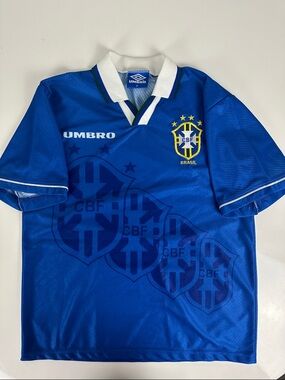 Vintage Umbro Blue Brazil CBF 1994-96 Soccer Football Jersey - Size Medium